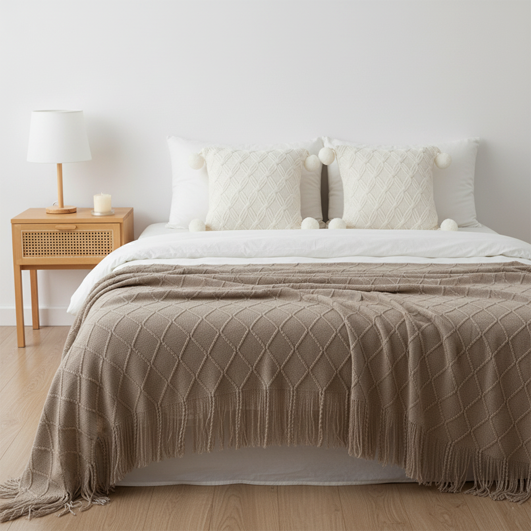 SOGA 3PC Set – Coffee Diamond Knitted Throw with Tassels + Ivory Diamond Knit Pom Pom Pillowcases – Cozy Decor