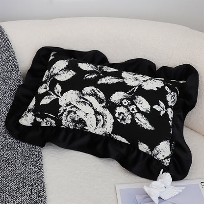 SOGA 30x50 Rectangular Rustic Black Floral Ruffle Pillow Cover