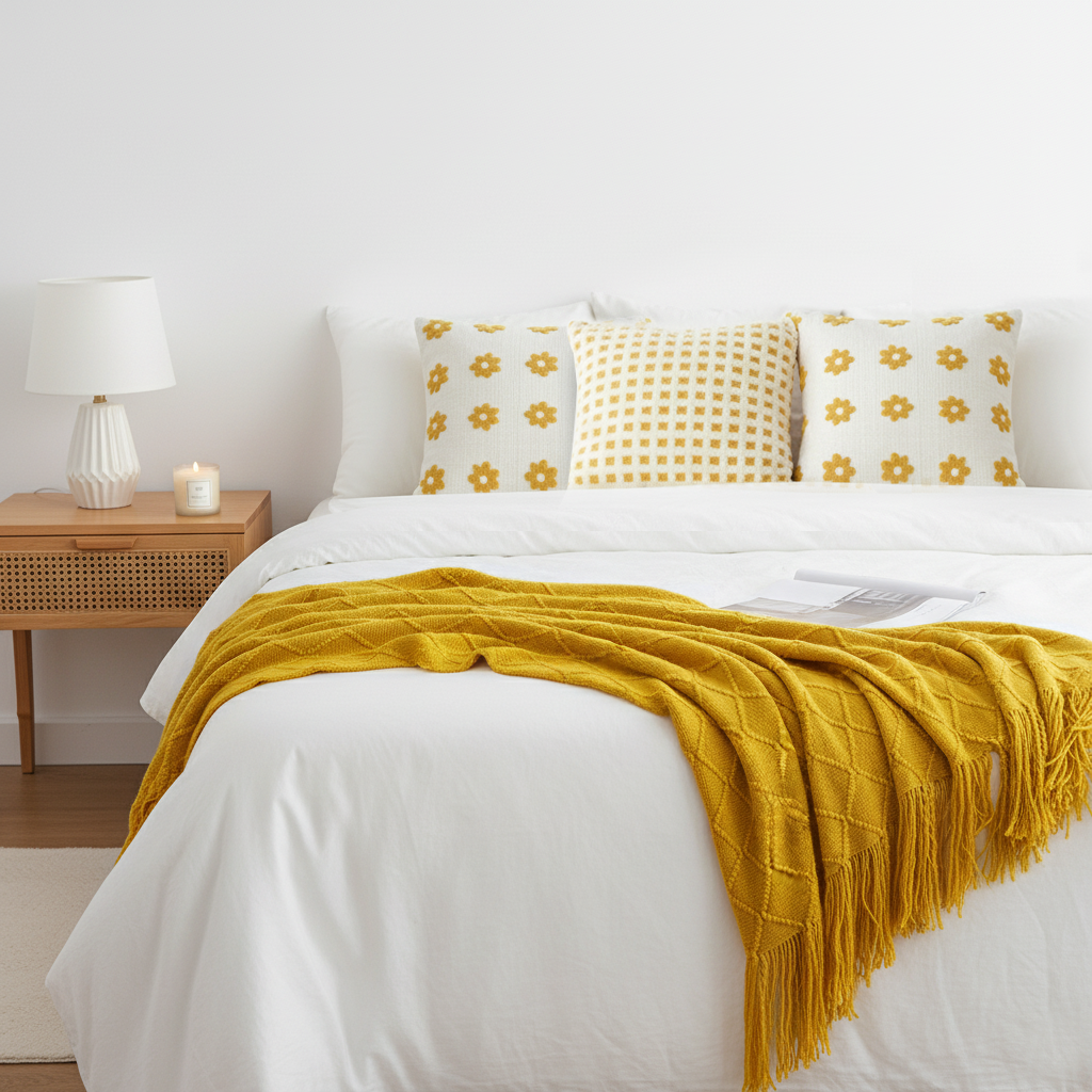 SOGA Yellow Diamond Throw with Tassels + Retro Daisy & Polka Dot Pillowcases – Cozy Home Decor Set