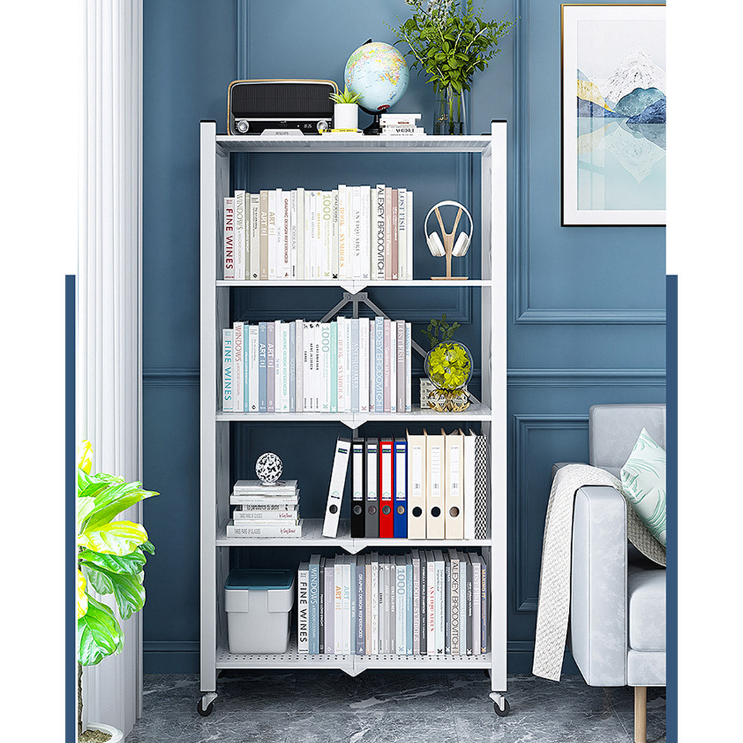 SOGA 5 Tier Steel White Foldable Display Stand Multi-Functional Shelves Portable Storage Organizer with Wheels