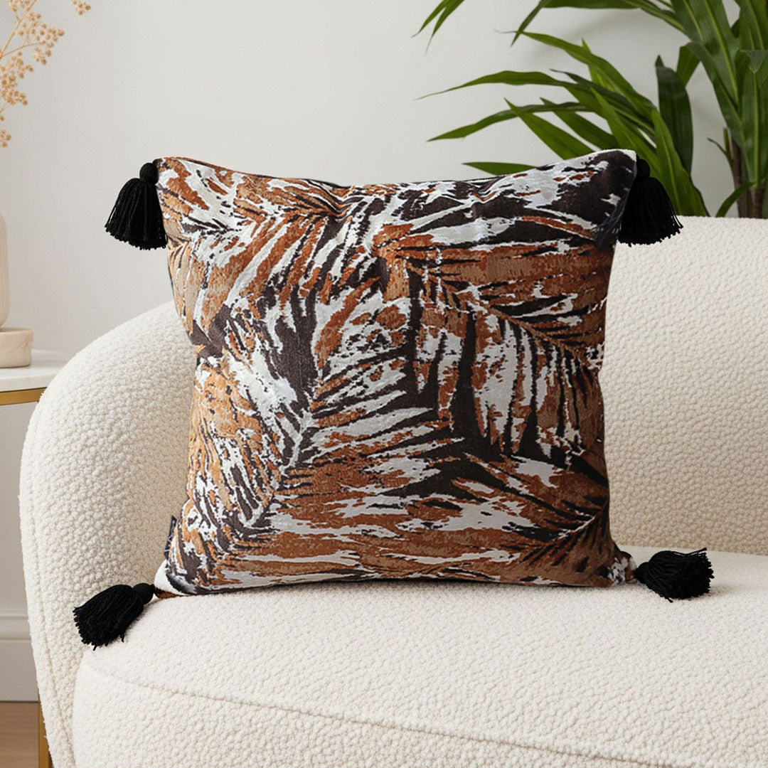 SOGA 45cm Velvet Brown/Black/Ivory Leaf Print Polyester Cushion Cover with Tassels
