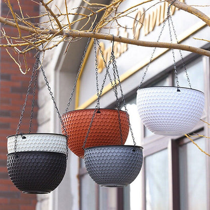 SOGA White Small Hanging Resin Flower Pot Self Watering Basket Planter Outdoor Garden Decor