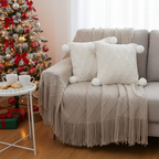 SOGA 3PC Set – Coffee Diamond Knitted Throw with Tassels + Ivory Diamond Knit Pom Pom Pillowcases – Cozy Decor