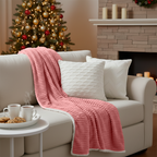 SOGA 3PC Cozy Set – Pink Flannel Throw Blanket with Decorative Pillow Covers (Chevron Pure & Scalloped Wave White Design)