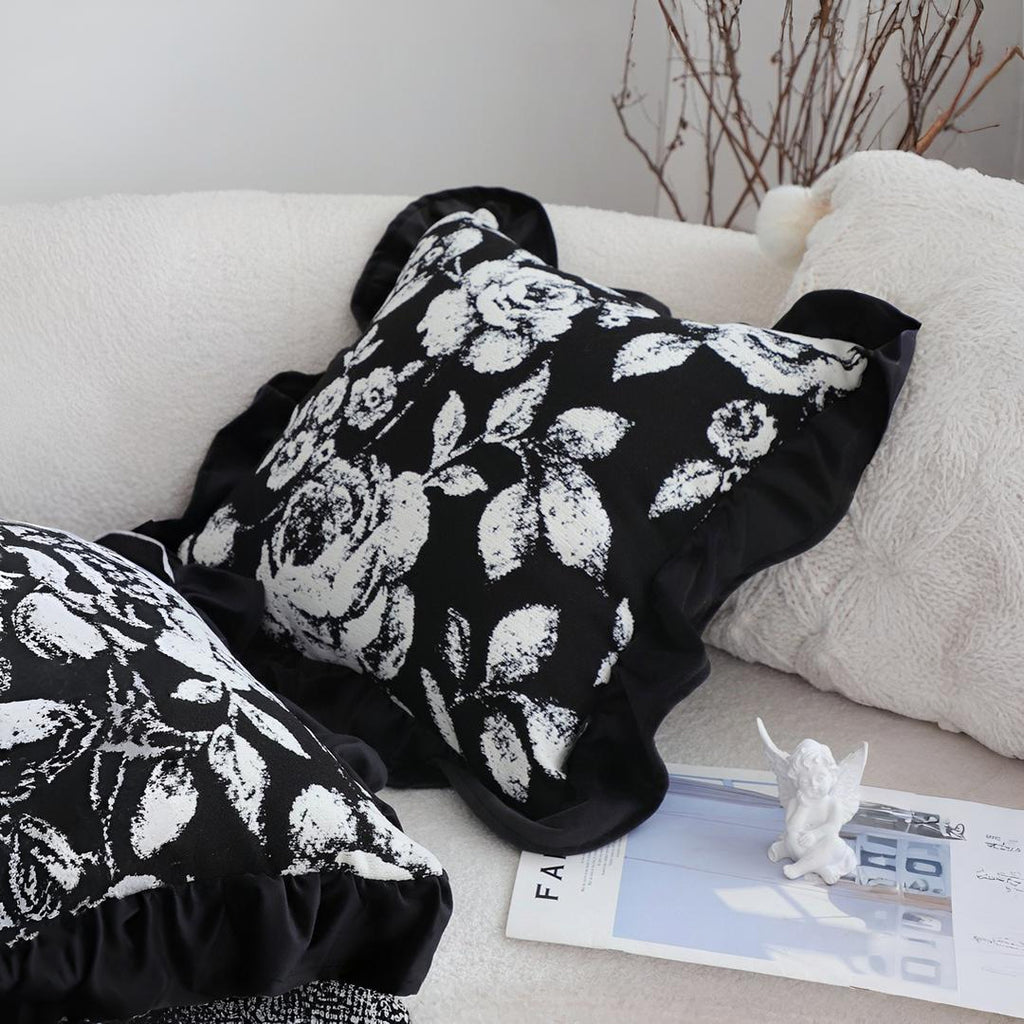 SOGA 45cm Black Floral Throw Pillowcase with Ruffle Edges
