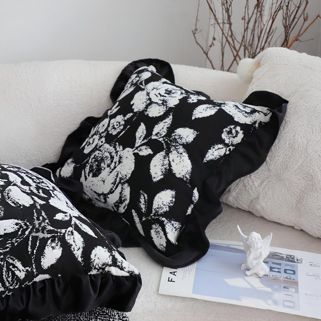 SOGA 45cm Black Floral Throw Pillowcase with Ruffle Edges
