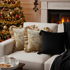 SOGA 5PC Set – Flannel Throw Blanket + Black Art Deco & Champagne Floral Ruffle Pillowcases – Cozy Decor