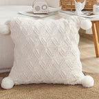 SOGA 45cm Luxurious Ivory Diamond Knit Throw Pillowcase with Pom Poms