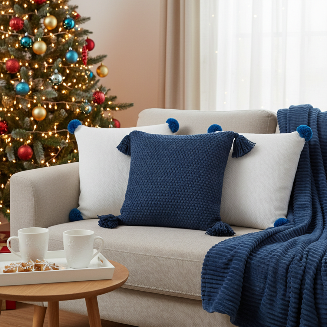 SOGA 4PC Set – Blue Striped Throw Blanket + Cream Pom Pom & Navy Chunky Knit Pillowcases – Cozy Decor