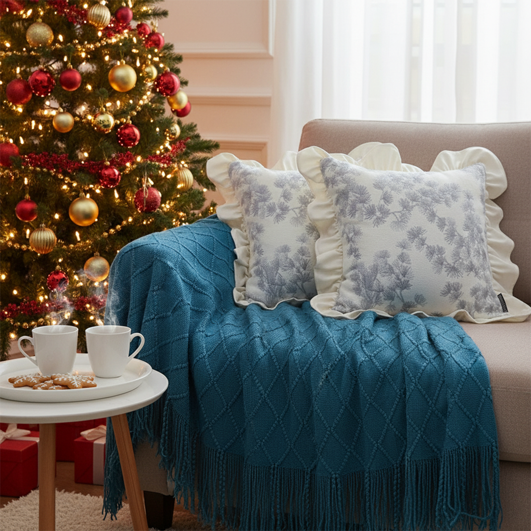 SOGA 3PC Cozy Set – Royal Blue Diamond Knit Throw Blanket with 2 White Floral Ruffle Trim Pillow Covers