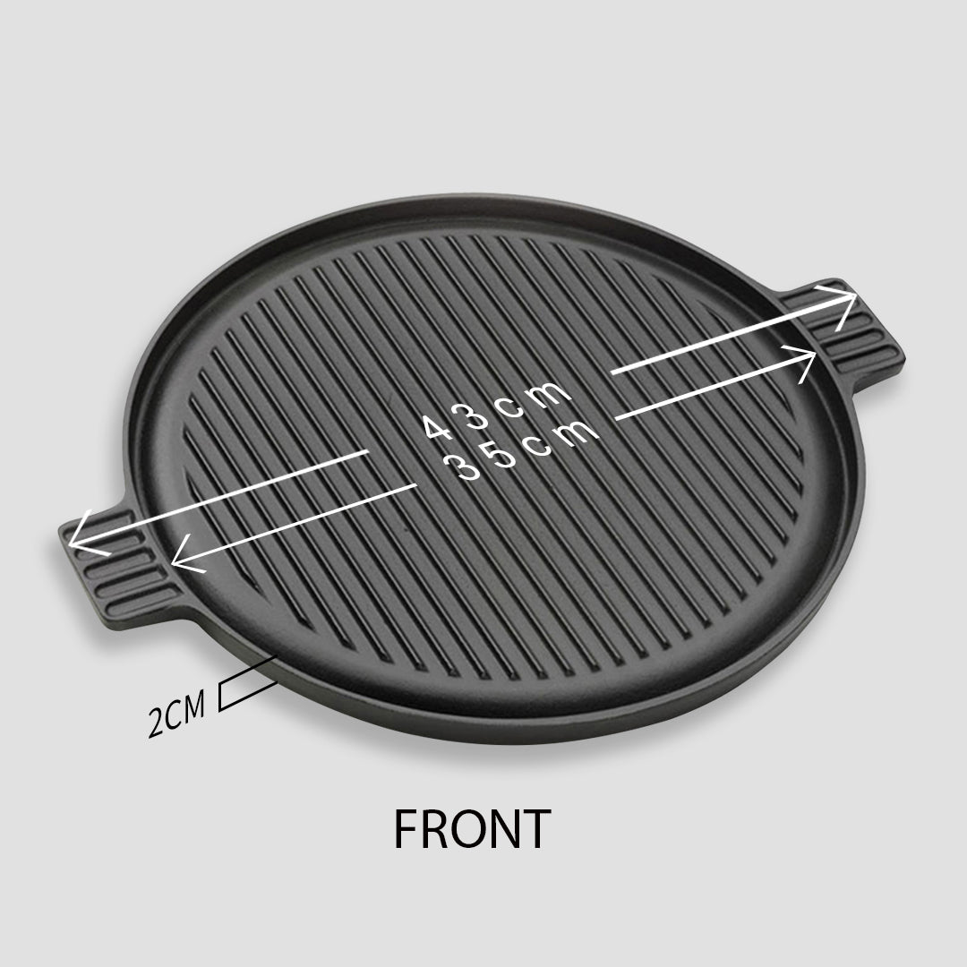 SOGA 2X 43cm Round Ribbed Cast Iron Frying Pan Skillet Steak Sizzle Platter with Handle