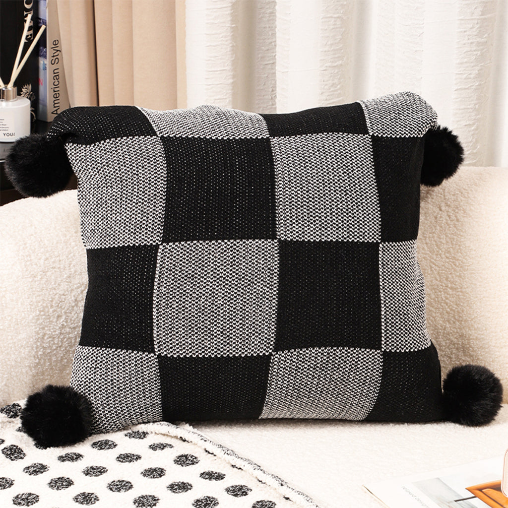 SOGA 45cm Modern Comfort Black & Gray Gingham Pillowcase with Pom Poms
