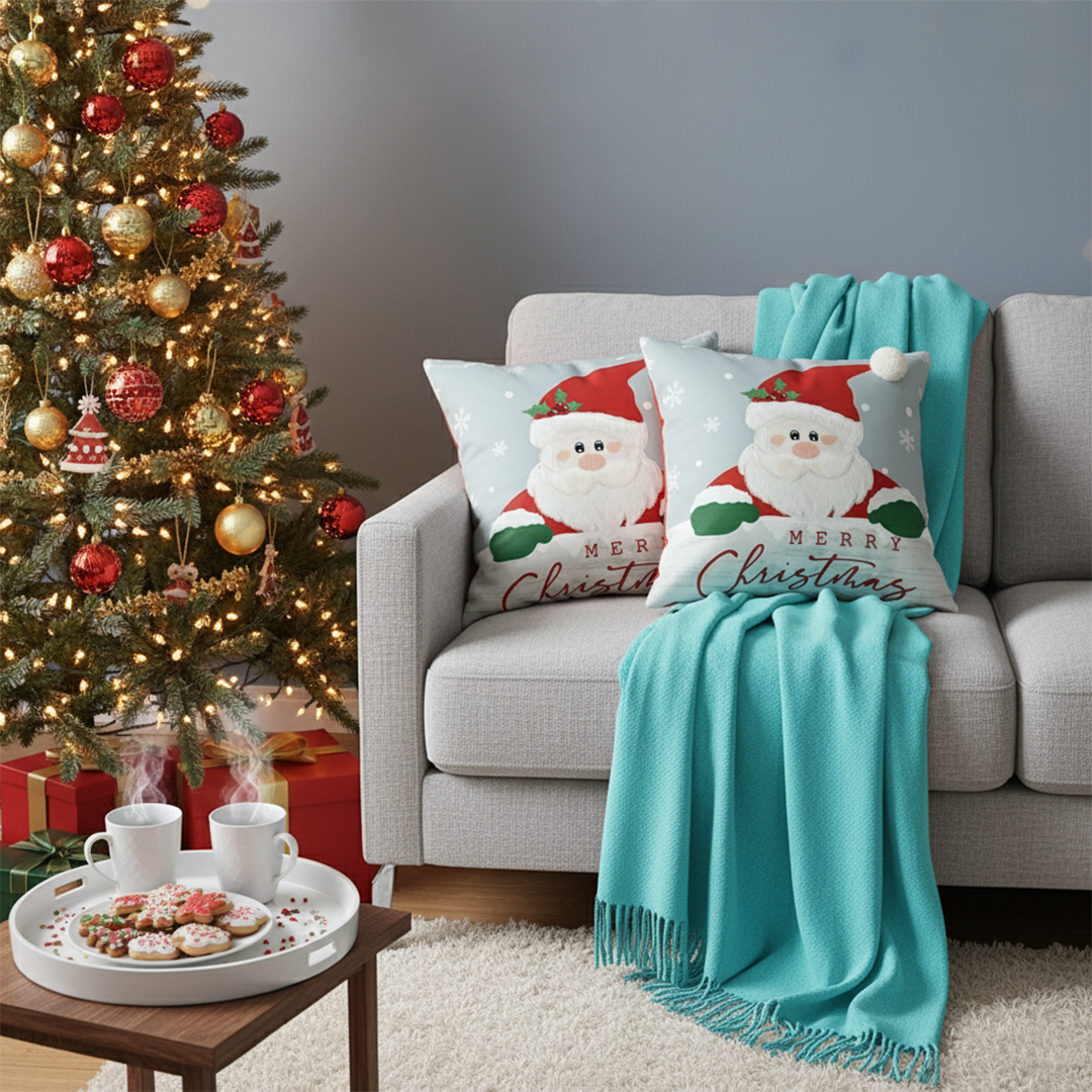 SOGA 4PC Holiday Set – Teal Knit Throw Blanket with Christmas & Light Blue Pom-Pom Pillow Covers