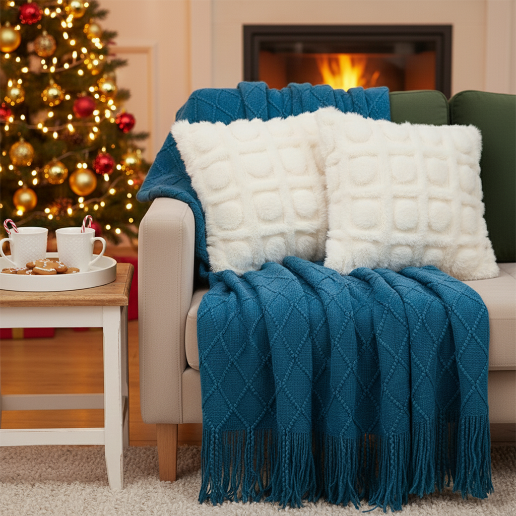 SOGA 3PC Cozy Set – Royal Blue Diamond Knit Throw Blanket with Cream Pom-Pom Grid Pillow Covers