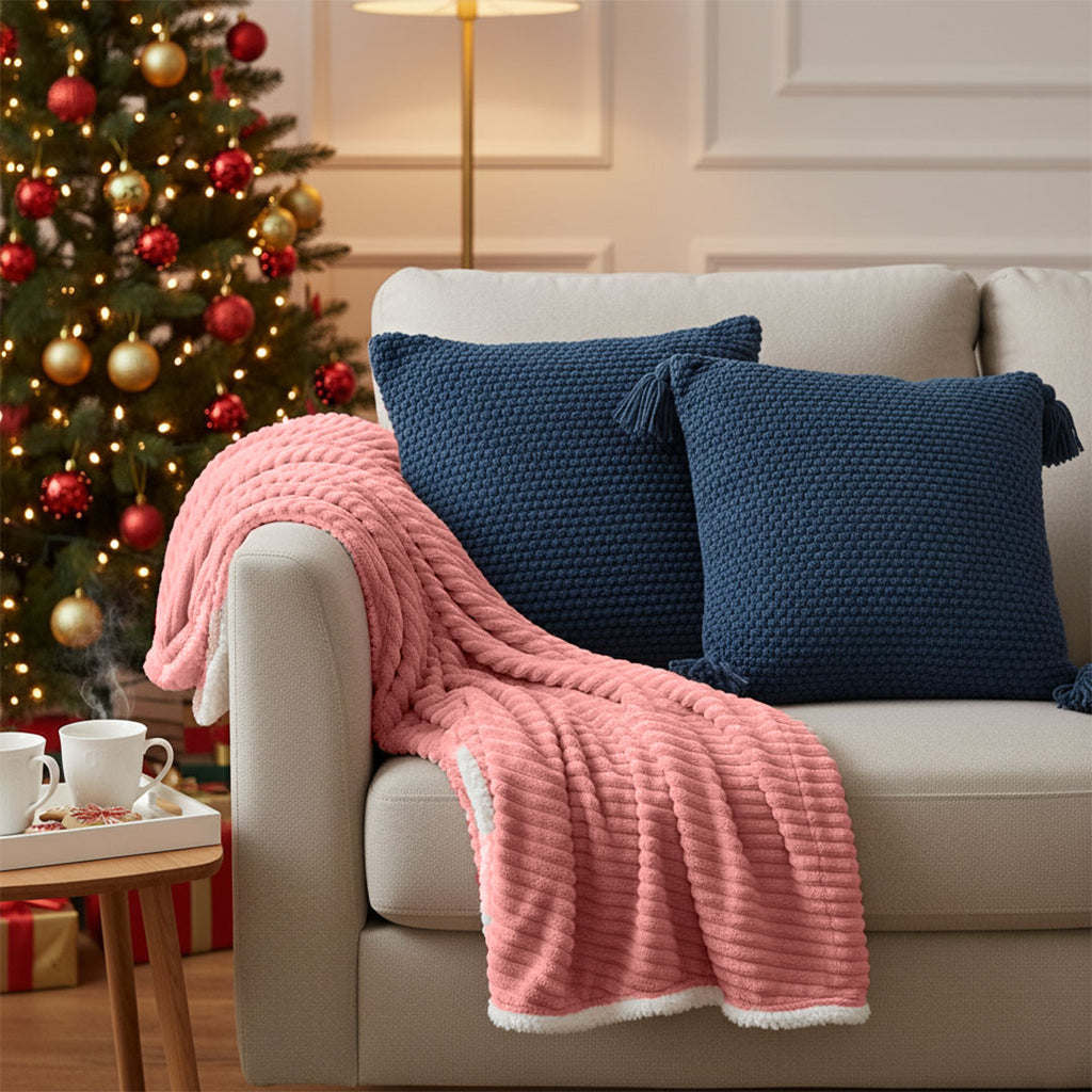 SOGA 3PC Cozy Set – Pink Flannel Throw Blanket with Decorative Pillow Covers (Chunky Knit & Textured Navy Design)