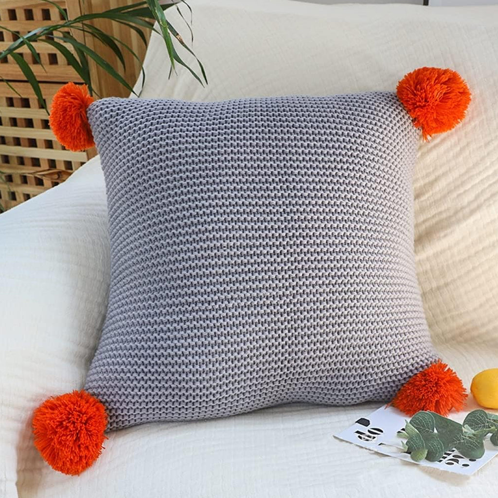 SOGA 45cm Ribbed Knit Pillowcase with Pom-Poms (Light Gray)