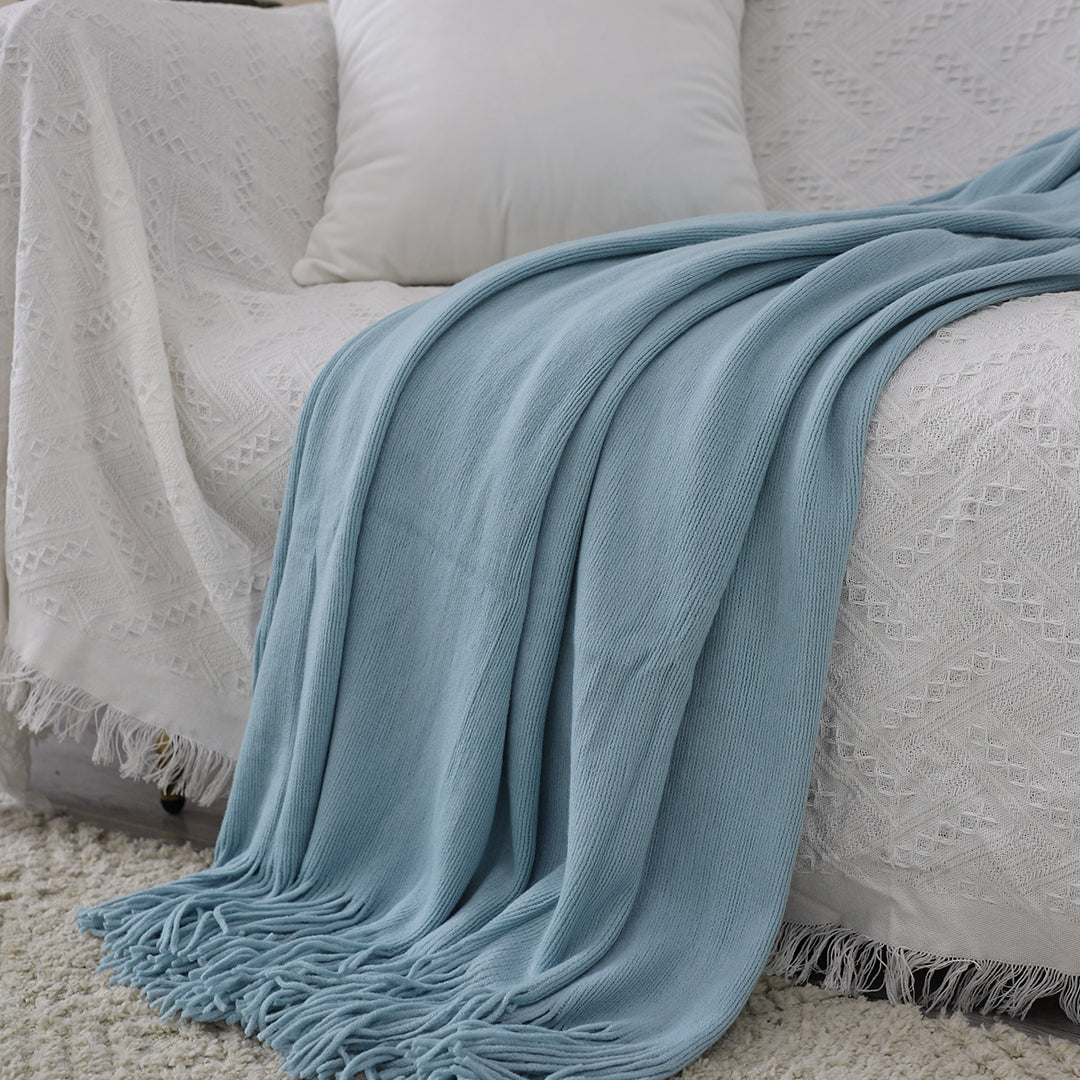 SOGA 2X Sky Blue Acrylic Knitted Throw Blanket Solid Fringed Warm Cozy Woven Cover Couch Bed Sofa Home Decor