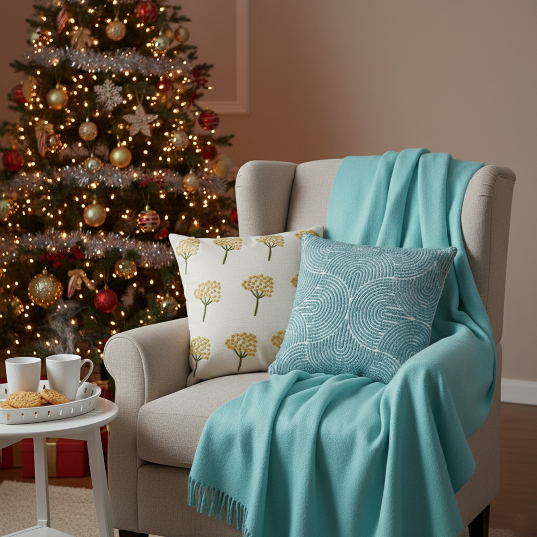 SOGA 5PC Set – Teal Knitted Throw Blanket with Sunny Dandelion & Blue Geometric Pillowcases – Cozy Home Decor