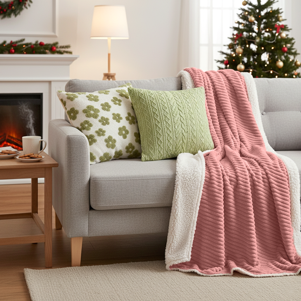 SOGA 3PC Cozy Set – Pink Flannel Throw Blanket with Decorative Pillow Covers (Garden Bloom & Cable Knit Fresh Design)