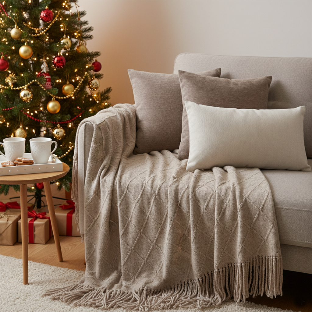 SOGA 4PC Set – Coffee Diamond Knitted Throw with Tassels + Brown Pillowcases & White Lumbar Pillow – Cozy Stylish Decor