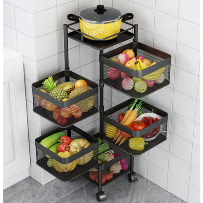 SOGA 5 Tier Steel Square Rotating Kitchen Cart Multi-Functional Shelves Portable Storage Organizer with Wheels