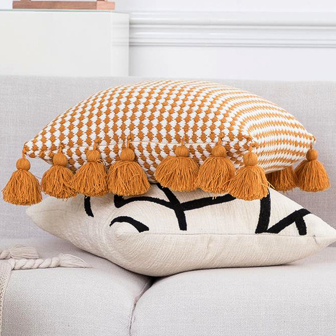 SOGA 45cm Orange Houndstooth Pillow Cover with Tassels