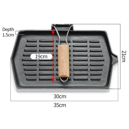 SOGA 2X Rectangular Cast Iron Griddle Grill Frying Pan with Folding Wooden Handle