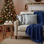 SOGA 4PC Set – Royal Blue Knitted Throw with Fringes + Gray Floral Ruffle & Stone Pillowcases – Cozy Elegant Decor