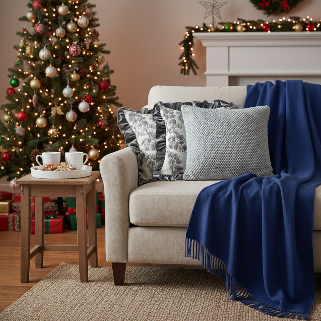 SOGA 4PC Set – Royal Blue Knitted Throw with Fringes + Gray Floral Ruffle & Stone Pillowcases – Cozy Elegant Decor