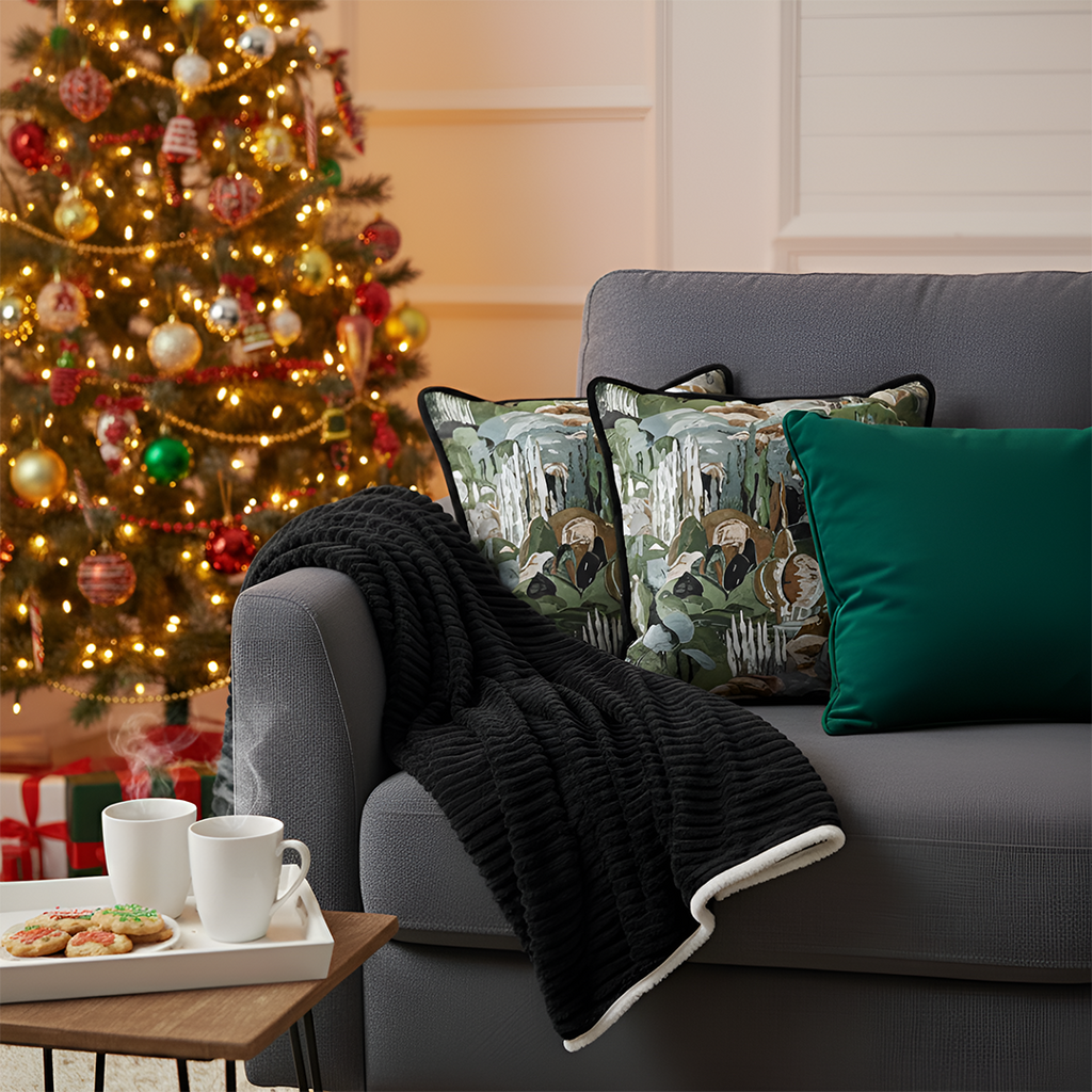 SOGA 4PC Set – Flannel Throw Blanket + Landscape Tapestry & Emerald Velvet Pillowcases – Cozy Decor