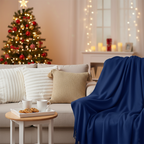 SOGA 5PC Set – Royal Blue Knitted Throw with Fringes + Beige Chunky Knit & White Textured Pillowcases