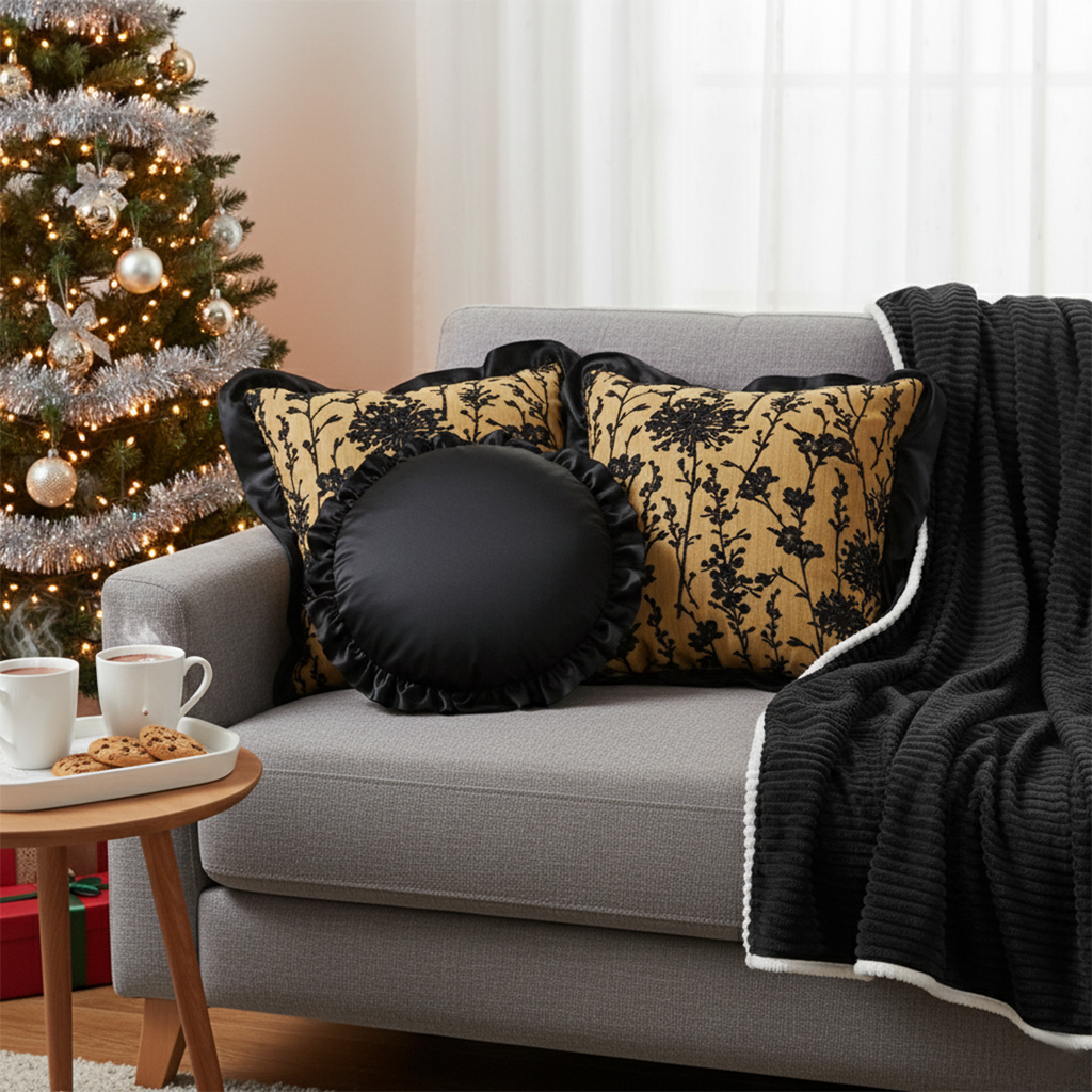 SOGA 4PC Set – Flannel Throw Blanket + Black & Gold Velvet Pillowcases & Lotus Round Pillow – Cozy Luxury Home Decor