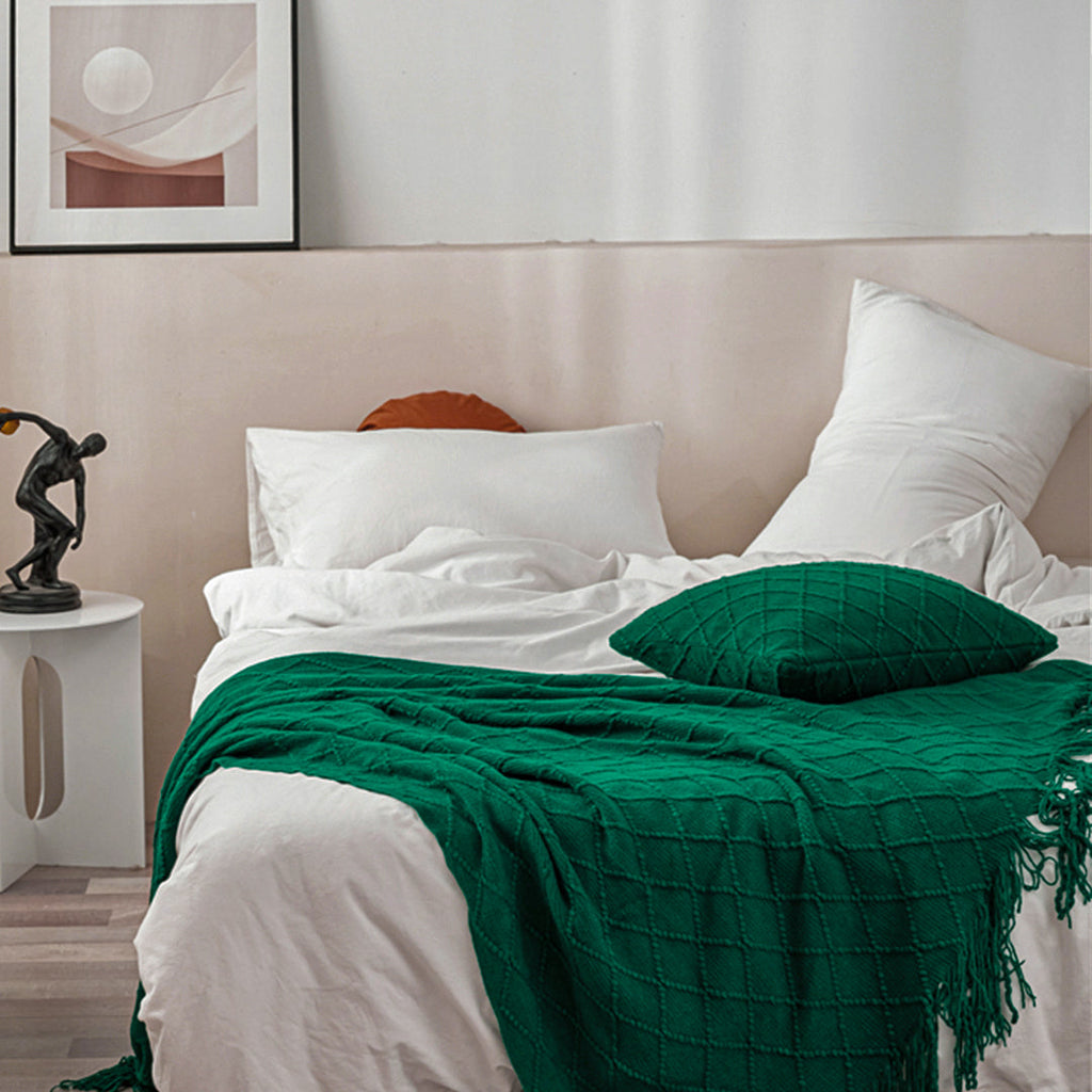 SOGA 2X Diamond Pattern Knitted Throw Blanket – Warm Cozy Woven Cover with Tassels for Couch, Bed, Sofa, Home Decor, Green