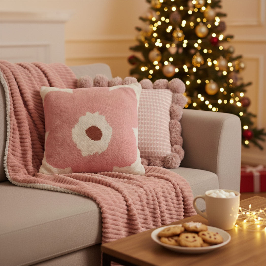 SOGA 3PC Cozy Pink Set – Flannel Throw Blanket with Pillow Covers (Ribbed Pom-Poms & Blush Bloom Design)