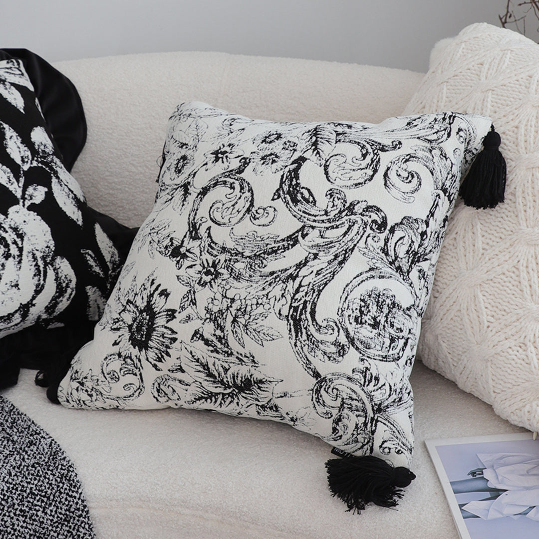 SOGA 45cm  Elegant Black & White Cushion Cover with Tassels