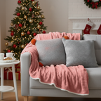 SOGA 3PC Cozy Set – Pink Flannel Throw Blanket with Pillow Covers (Stone Texture & Gray Ribbed Pom-Poms Design)