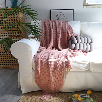 SOGA 2X  Pink Diamond Pattern Knitted Throw Blanket Warm Cozy Woven Cover Couch Bed Sofa Home Decor with Tassels