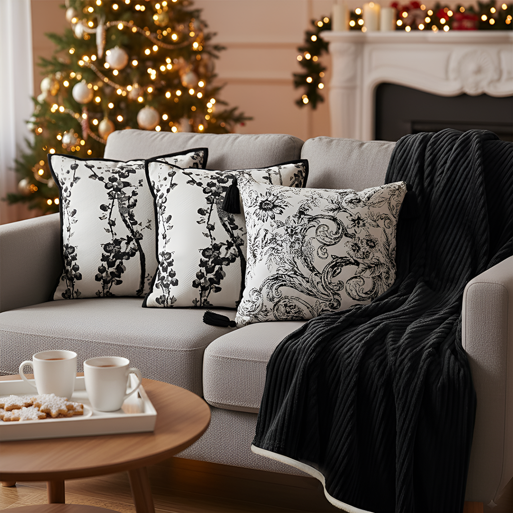 SOGA 4PC Set – Flannel Throw Blanket + Abstract & Botanical Black White Pillowcases – Cozy Modern Decor