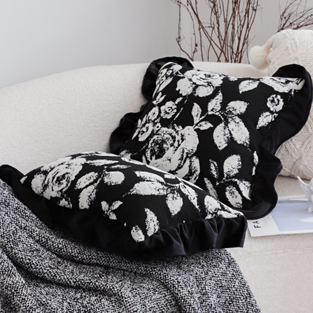 SOGA 30x50 Rectangular Rustic Black Floral Ruffle Pillow Cover