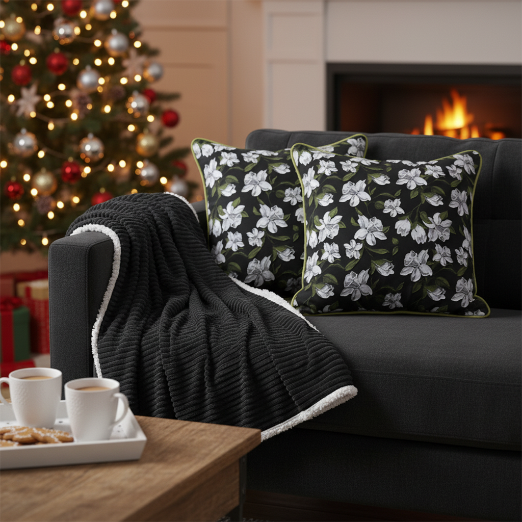 SOGA 3PC Cozy Set – Double-Sided Flannel Throw Blanket with Black Floral Pillow Covers (Green Trim Design)