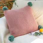 SOGA 2X 45cm Dusty Rose Ribbed Knit Pillowcase with Colorful Pom-Poms