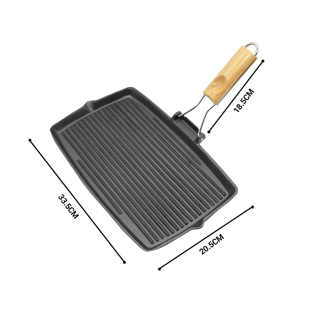 SOGA 2X 20.5cm Rectangular Cast Iron Griddle Grill Frying Pan with Folding Wooden Handle