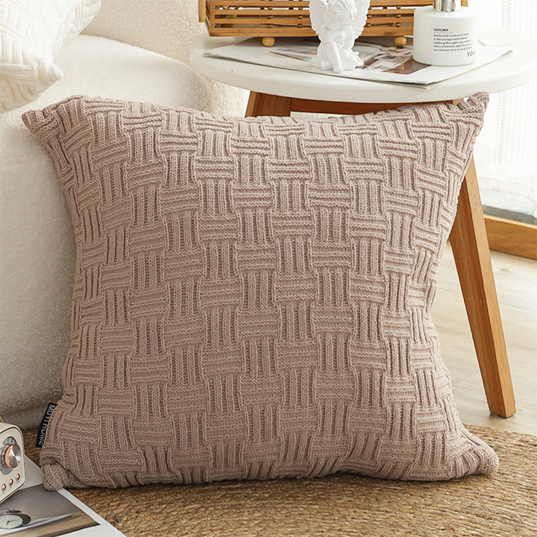 SOGA 45cm Woven Grid Knit Decorative Pillowcase - Taupe Beige