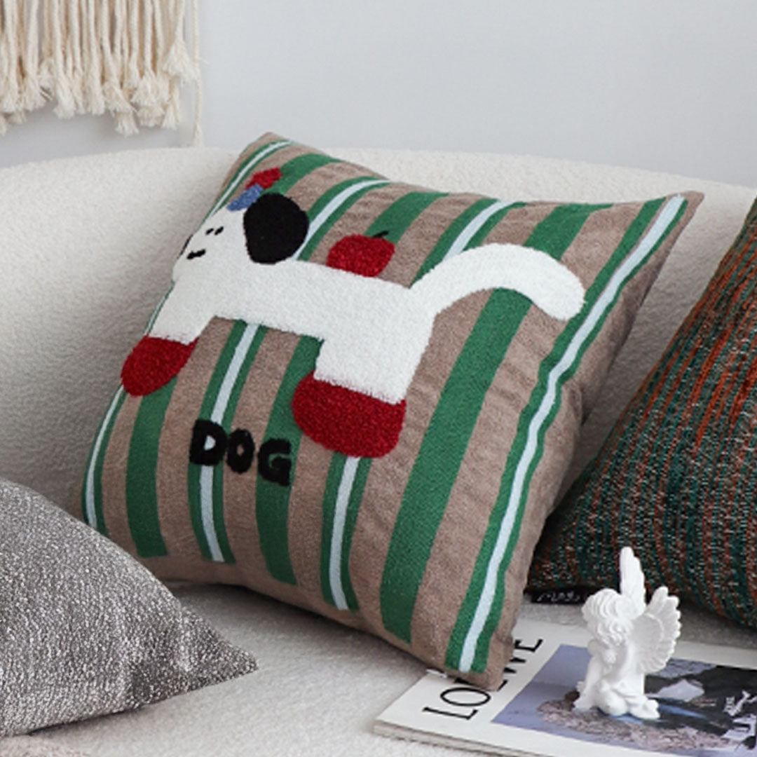 SOGA 45cm Cute Dog Print Green Red White Striped Polyester Decorative Pillowcase