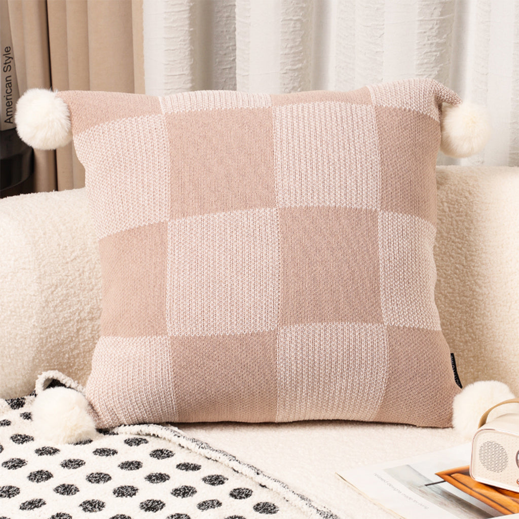 SOGA 45cm Cozy Chic Checkerboard Knit Pillowcase with Pom Pom Trim