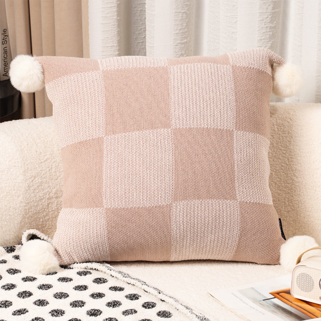 SOGA 45cm Cozy Chic Checkerboard Knit Pillowcase with Pom Pom Trim