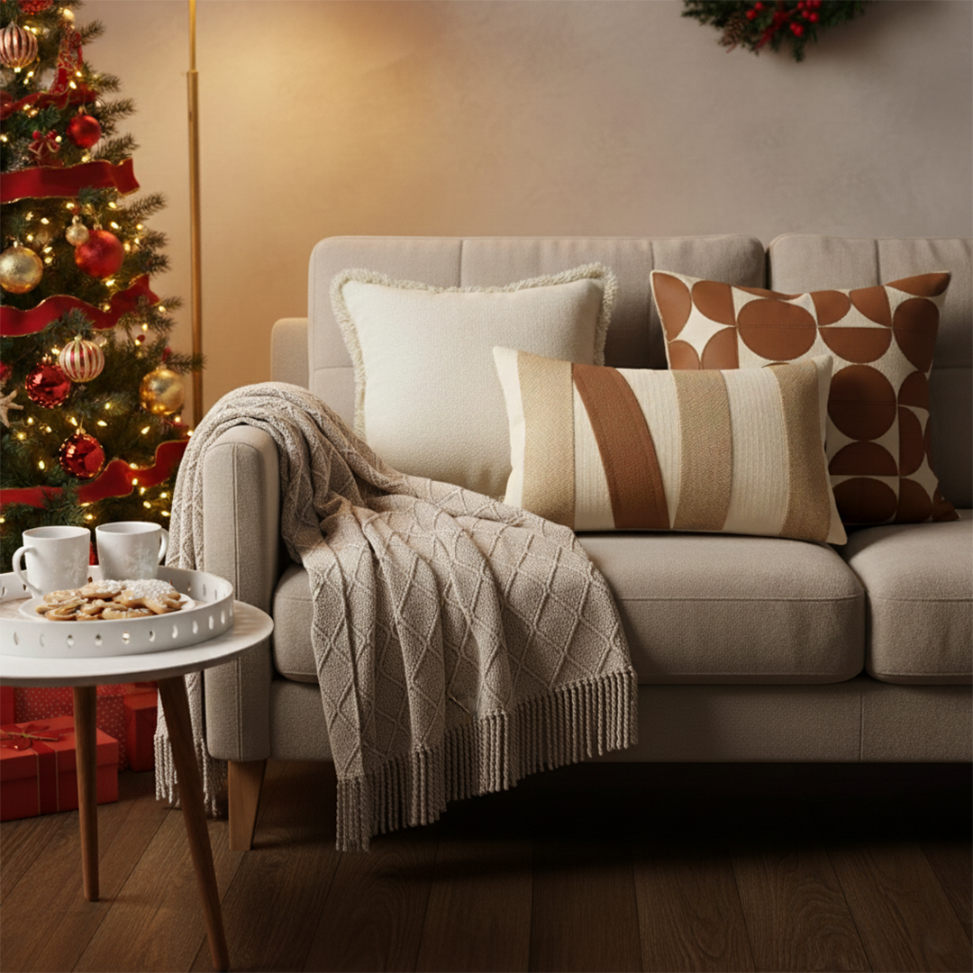 SOGA 4PC Set – Coffee Diamond Knitted Throw with Tassels + Striped, Geometric & Cream Pillowcases – stylish Decor