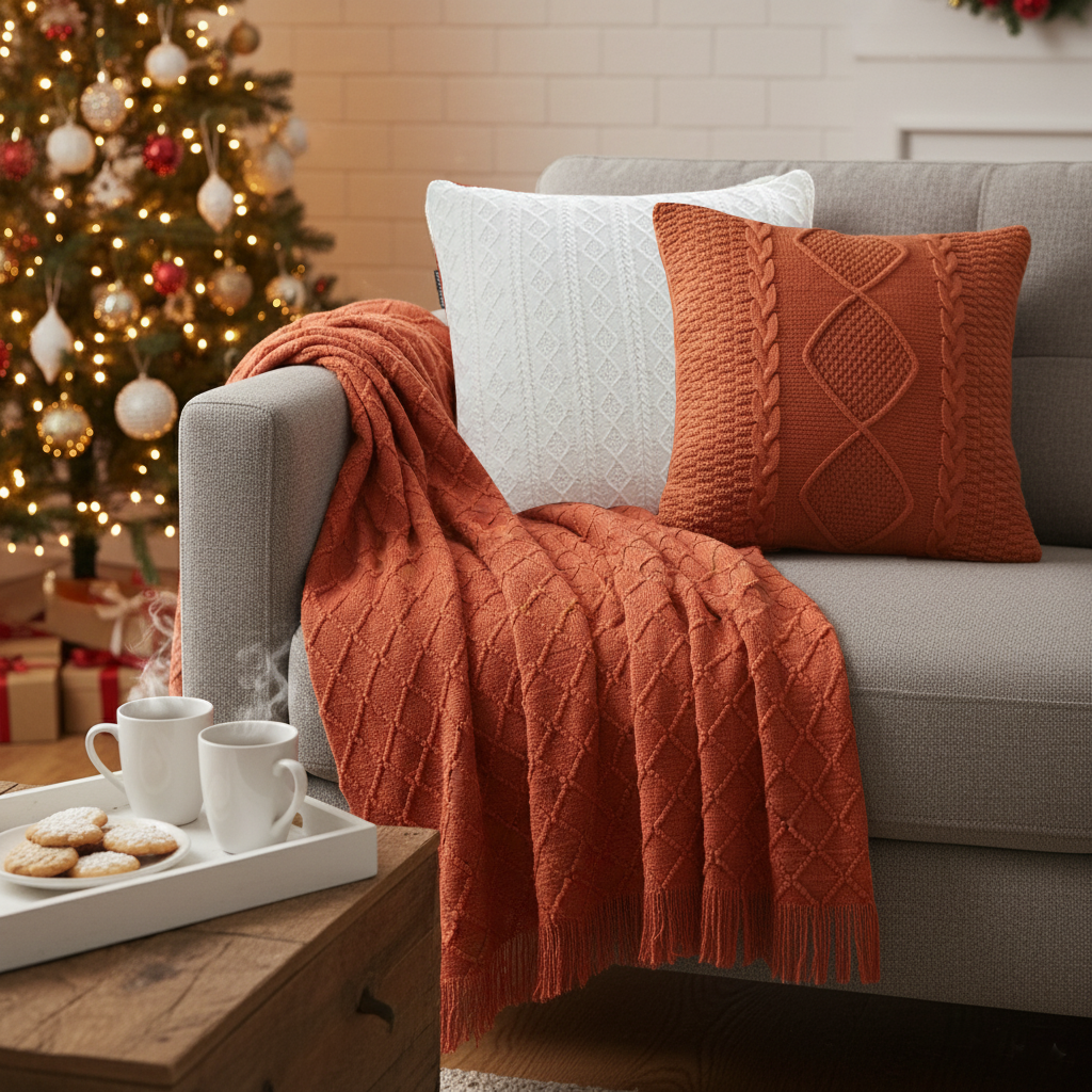 SOGA 3PC Cozy Red Knit Set – Diamond Throw Blanket with Cable Knit Pillow Covers (Diamond & Pure Design)