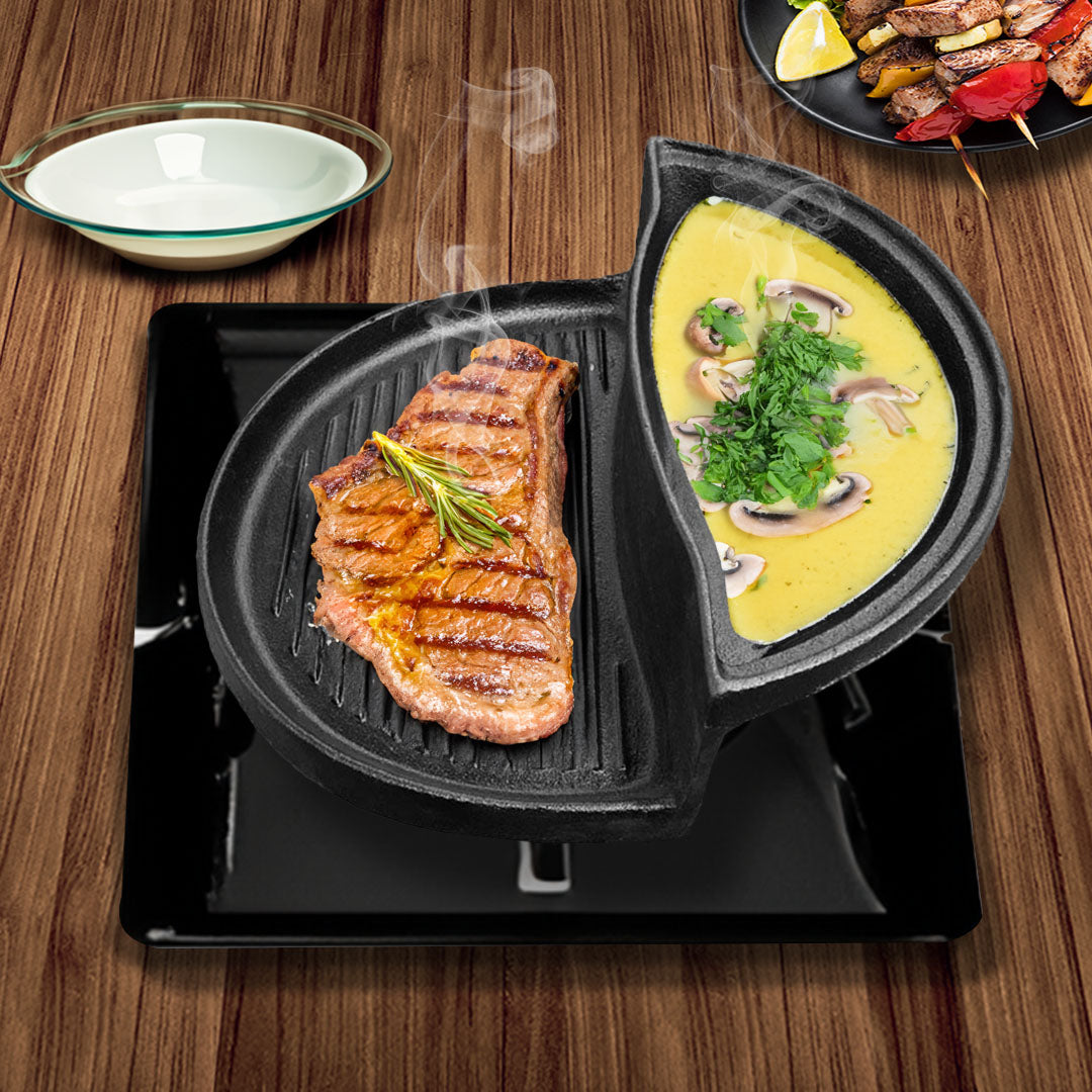 SOGA 2X 2 in 1 Cast Iron Ribbed Fry Pan Skillet Griddle BBQ and Steamboat Hot Pot