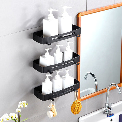 SOGA 2X Black Wall-Mounted Rectangular Bathroom Storage Organiser Space Saving Adhesive Shelf Rack with Hooks